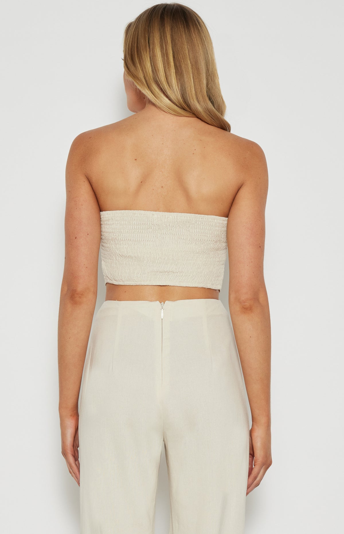 Michaela Strapless, V-Hem Cropped Top - Oat