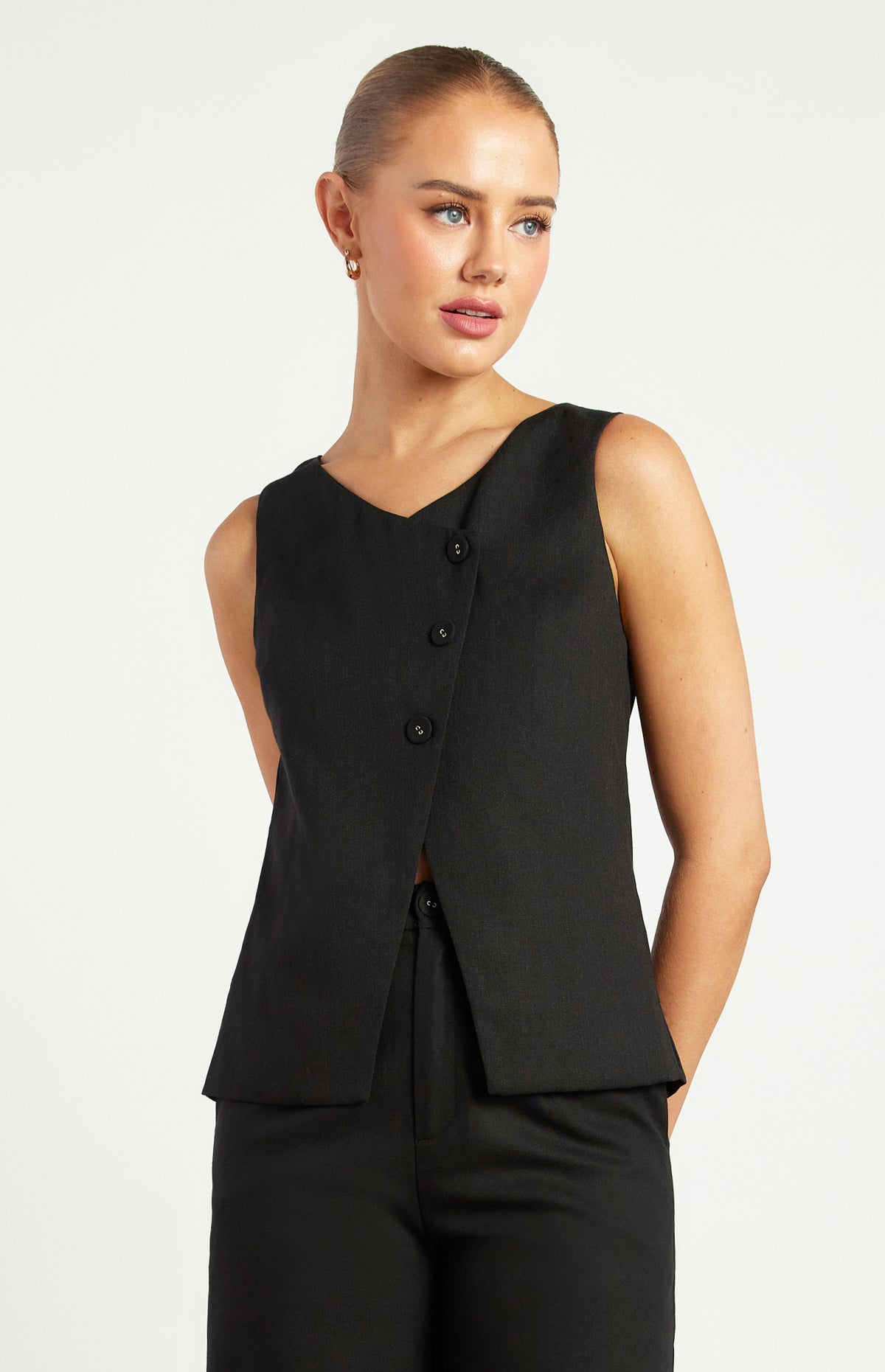 Theresa Button Up Vest Top - Black