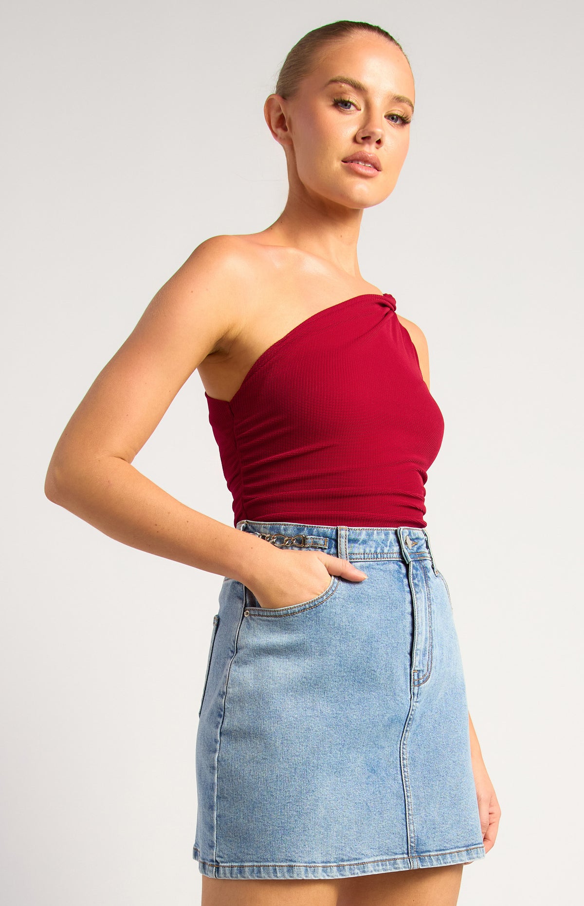 Jerry One Shoulder Mesh Top - Red