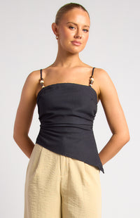 Aster Faux Linen Top - Black