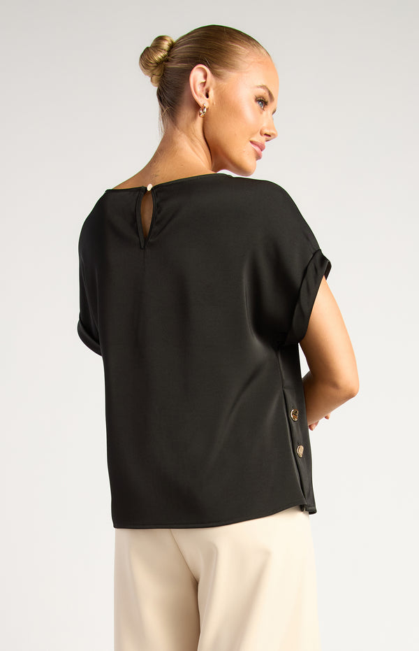 Jed Side Split Sateen Top - Black