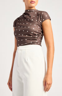 Davine Polkadot Ruched Top - Chocolate
