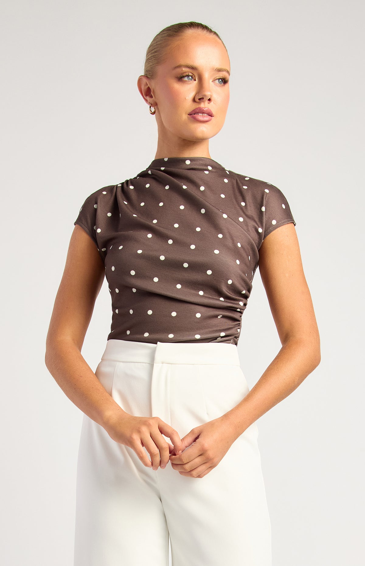 Davine Polkadot Ruched Top - Chocolate