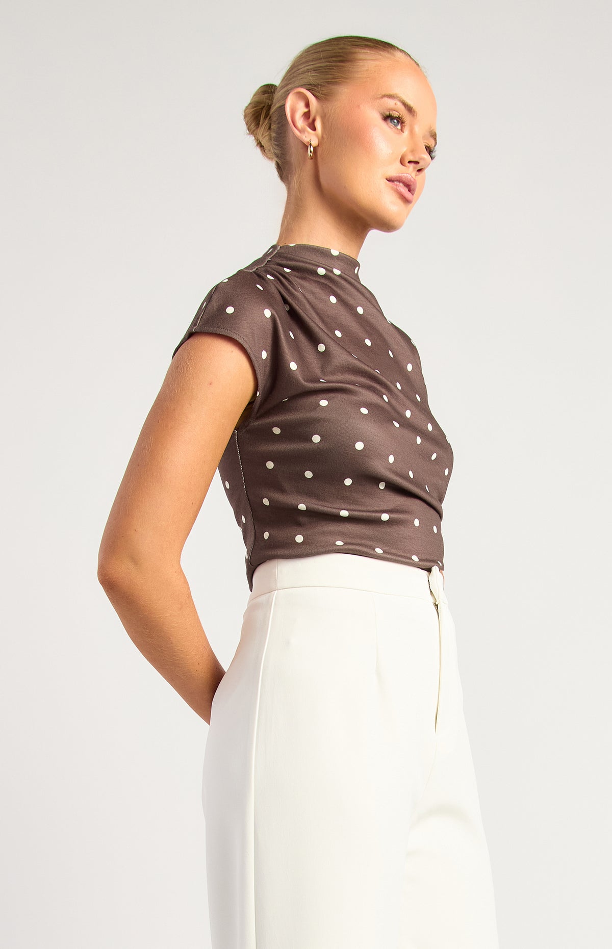 Davine Polkadot Ruched Top - Chocolate