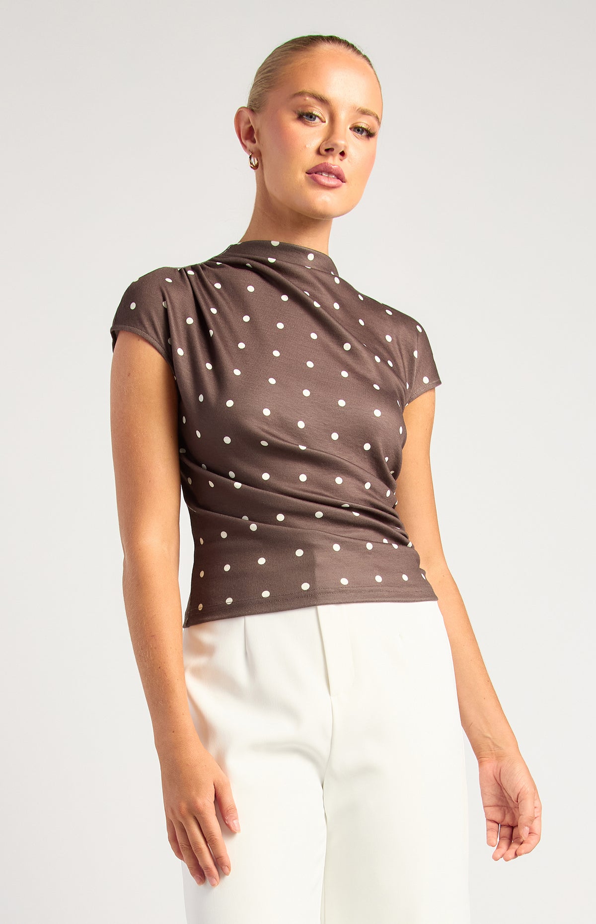 Davine Polkadot Ruched Top - Chocolate