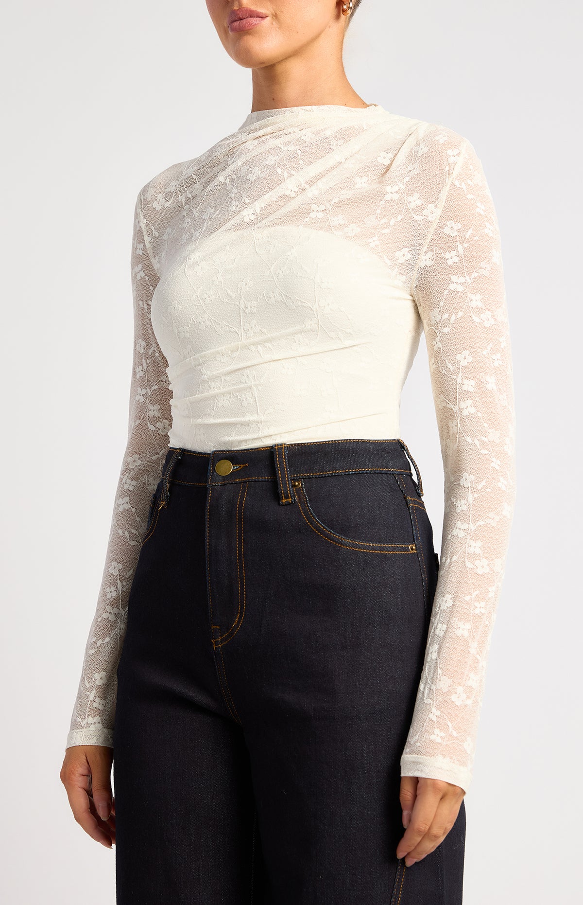 Elaria Floral Lace Sheer Top - White