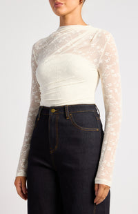 Elaria Floral Lace Sheer Top - White