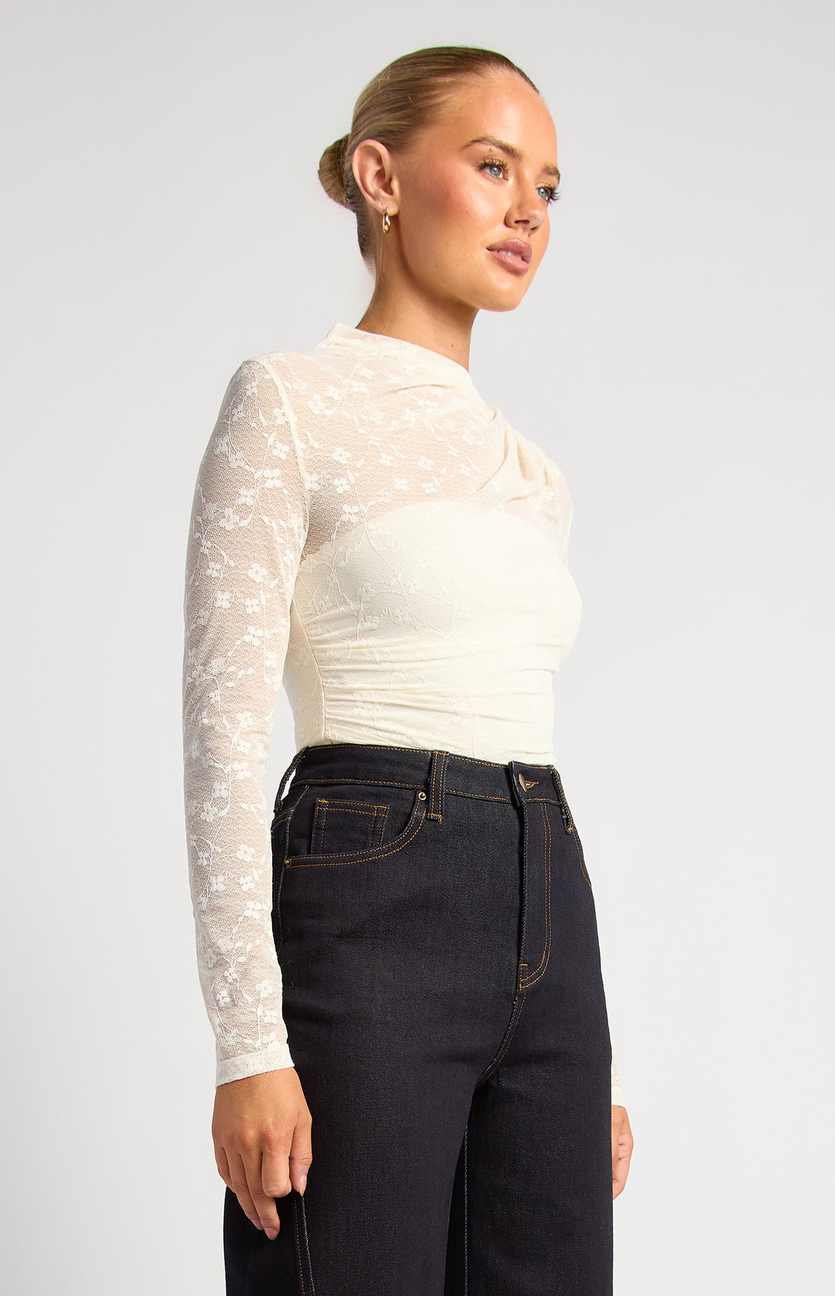 Elaria Floral Lace Sheer Top - White