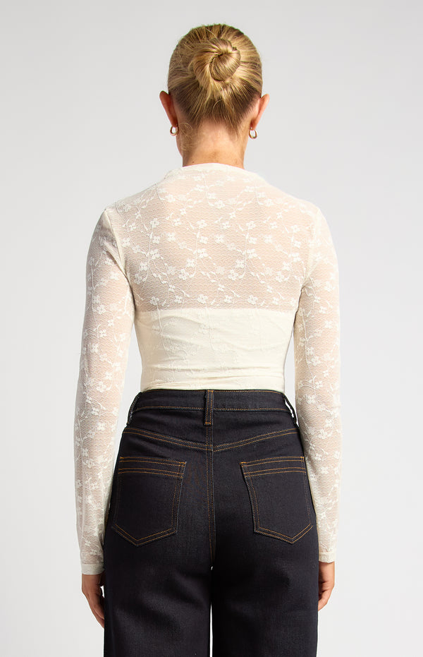 Elaria Floral Lace Sheer Top - White