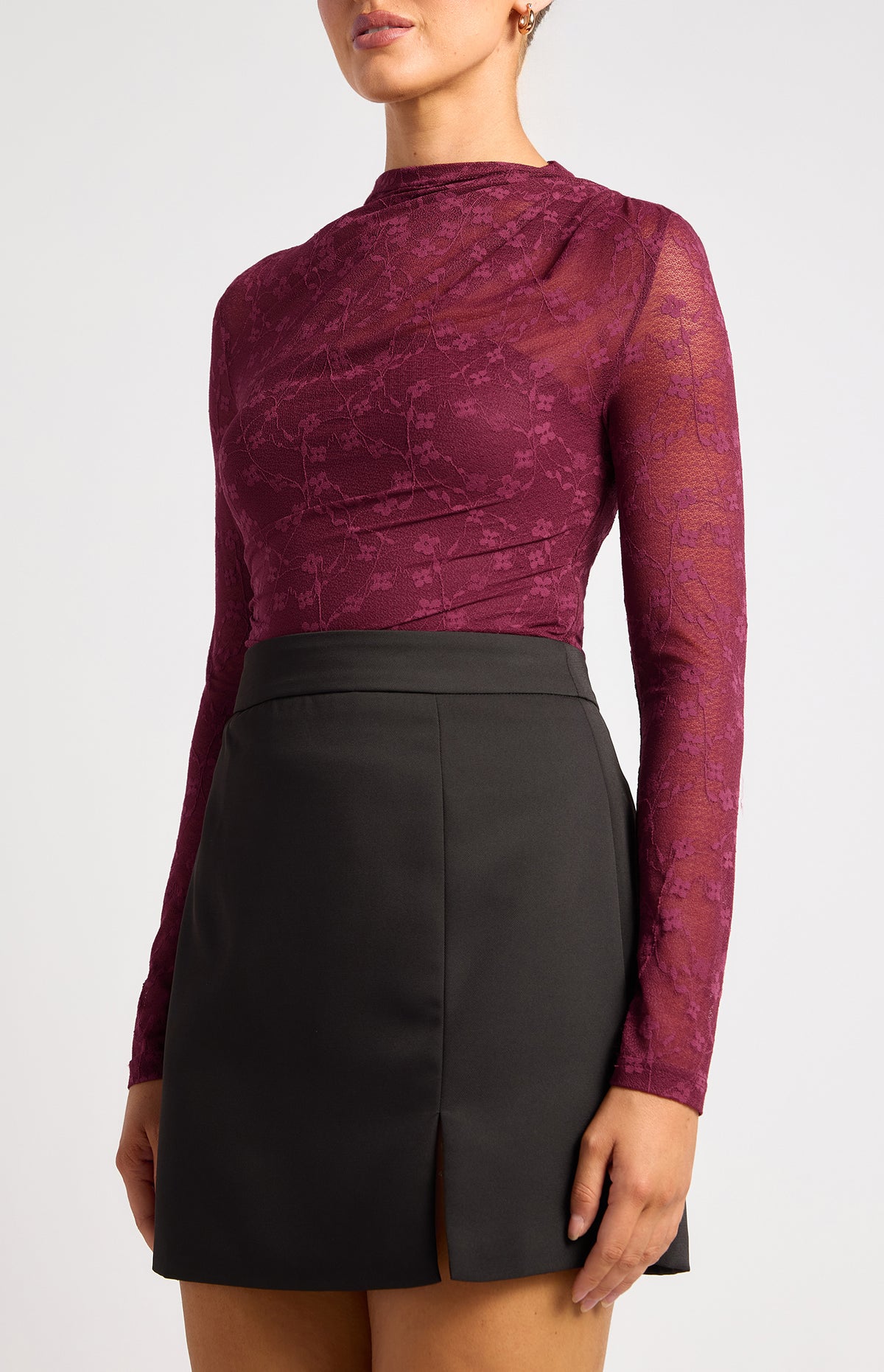 Elaria Floral Lace Sheer Top - Wine