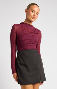 Elaria Floral Lace Sheer Top - Wine