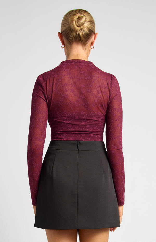 Elaria Floral Lace Sheer Top - Wine