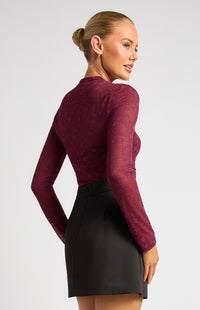 Elaria Floral Lace Sheer Top - Wine