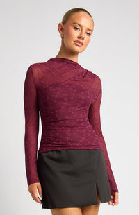 Elaria Floral Lace Sheer Top - Wine