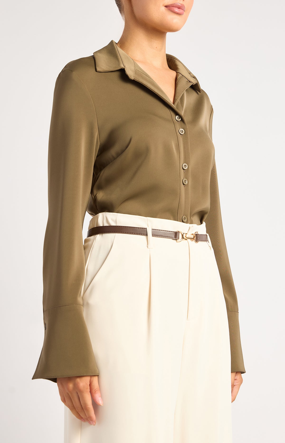 Province Long Sleeve Satin Shirt - Olive