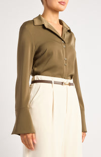 Province Long Sleeve Satin Shirt - Olive