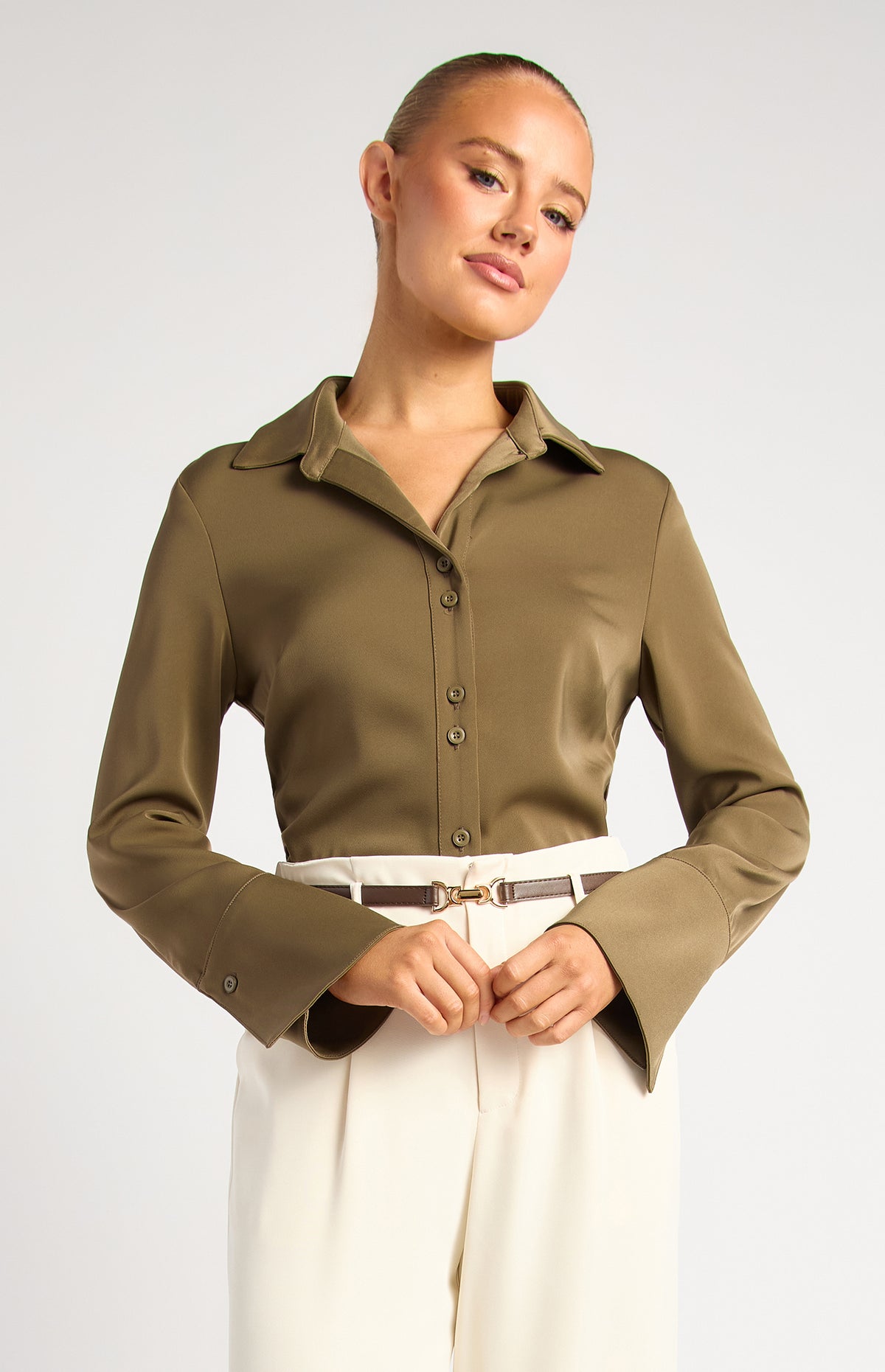 Province Long Sleeve Satin Shirt - Olive