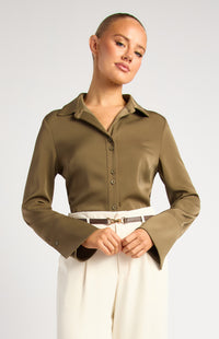 Province Long Sleeve Satin Shirt - Olive