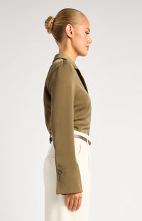 Province Long Sleeve Satin Shirt - Olive