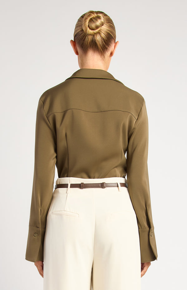 Province Long Sleeve Satin Shirt - Olive