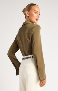 Province Long Sleeve Satin Shirt - Olive