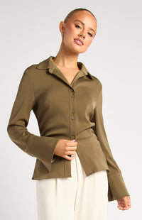 Province Long Sleeve Satin Shirt - Olive
