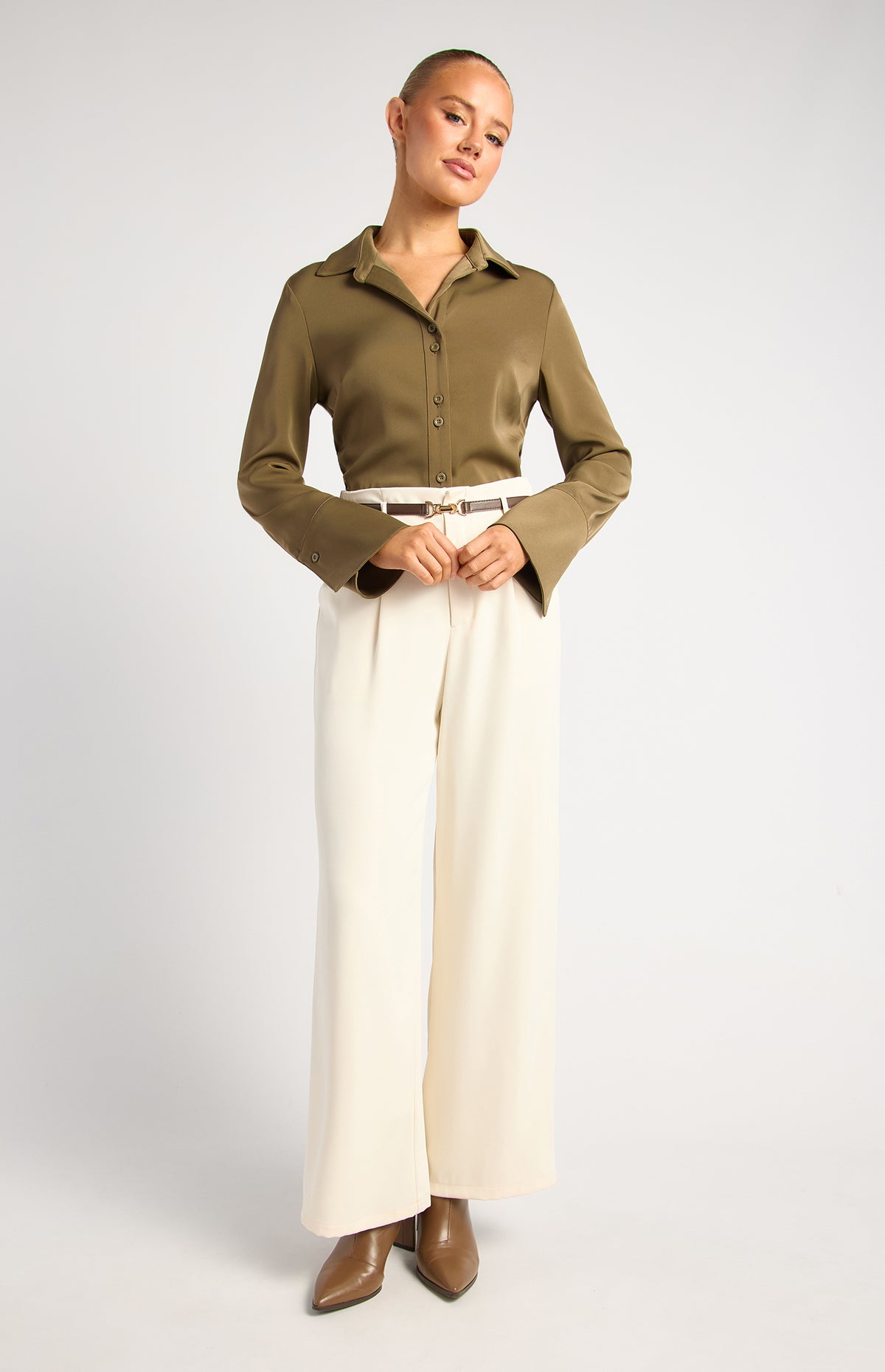Province Long Sleeve Satin Shirt - Olive