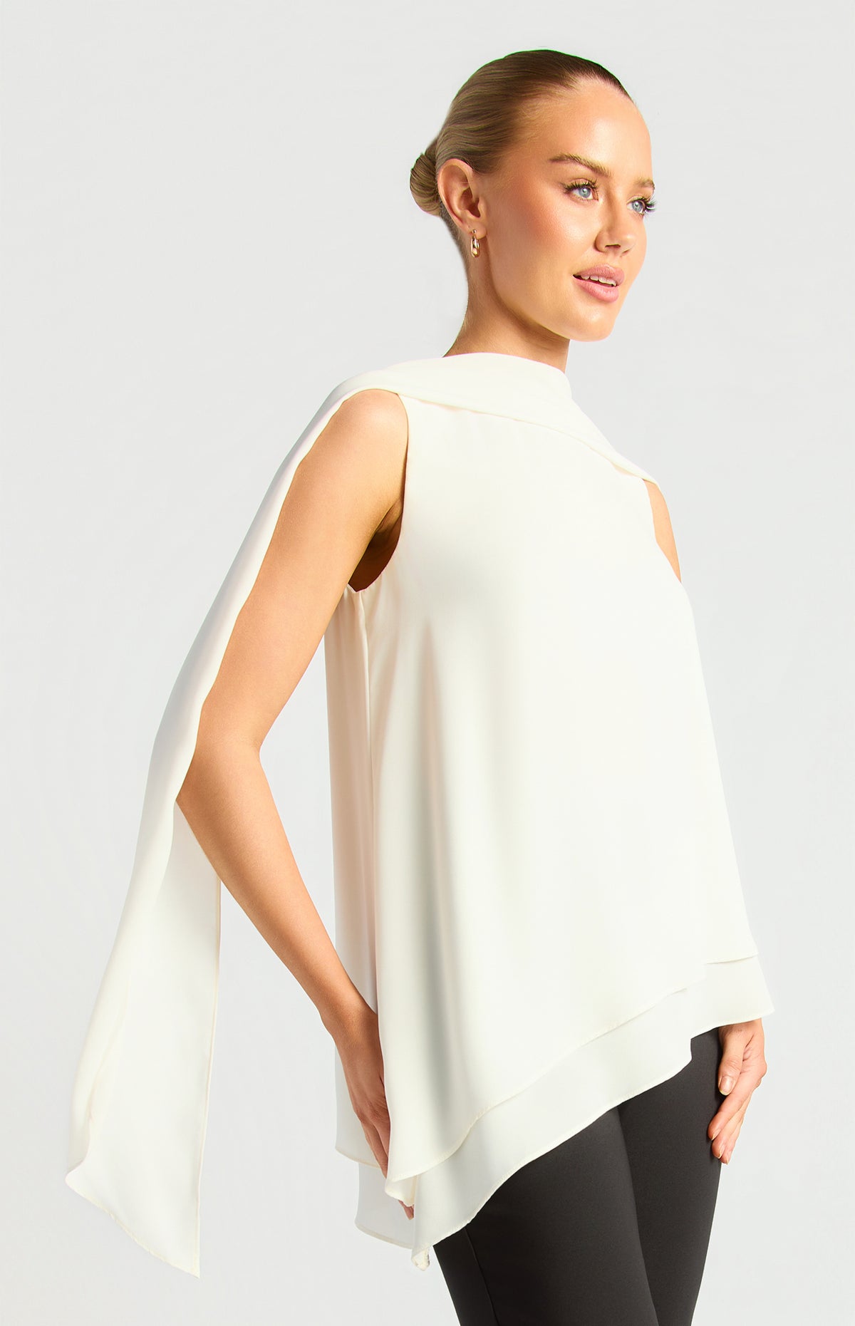 Elarina Scarf Chiffon Top - Bone