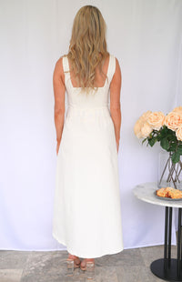 Laycie Scoop Neckline, Synched Waist Maxi Dress - White