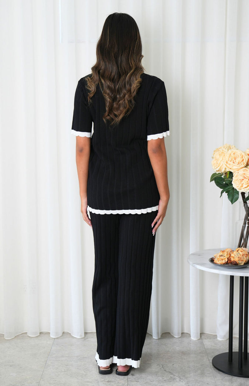 Daphne Short Sleeve Top & Wide Leg Pants Knit Set - Black