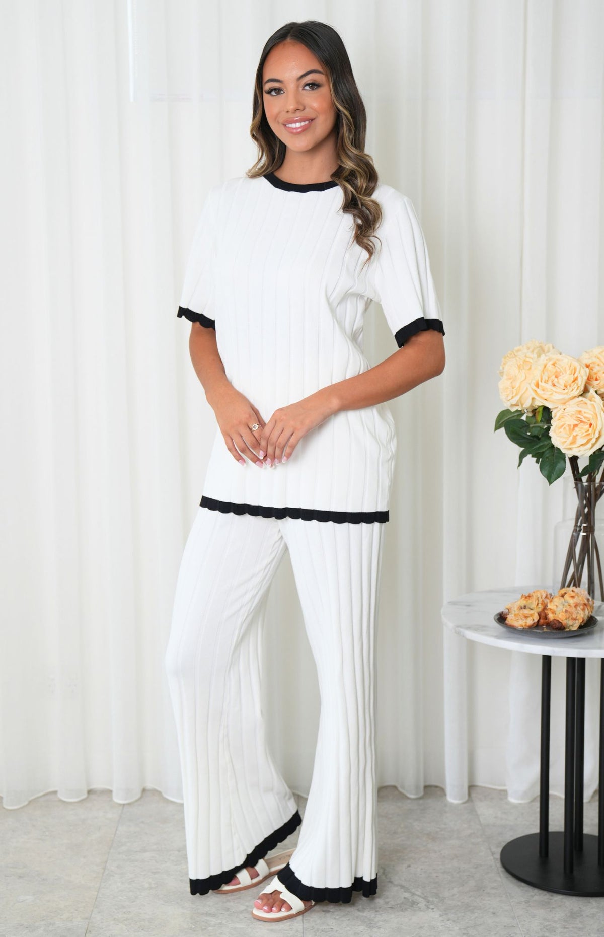 Daphne Short Sleeve Top & Wide Leg Pants Knit Set - White