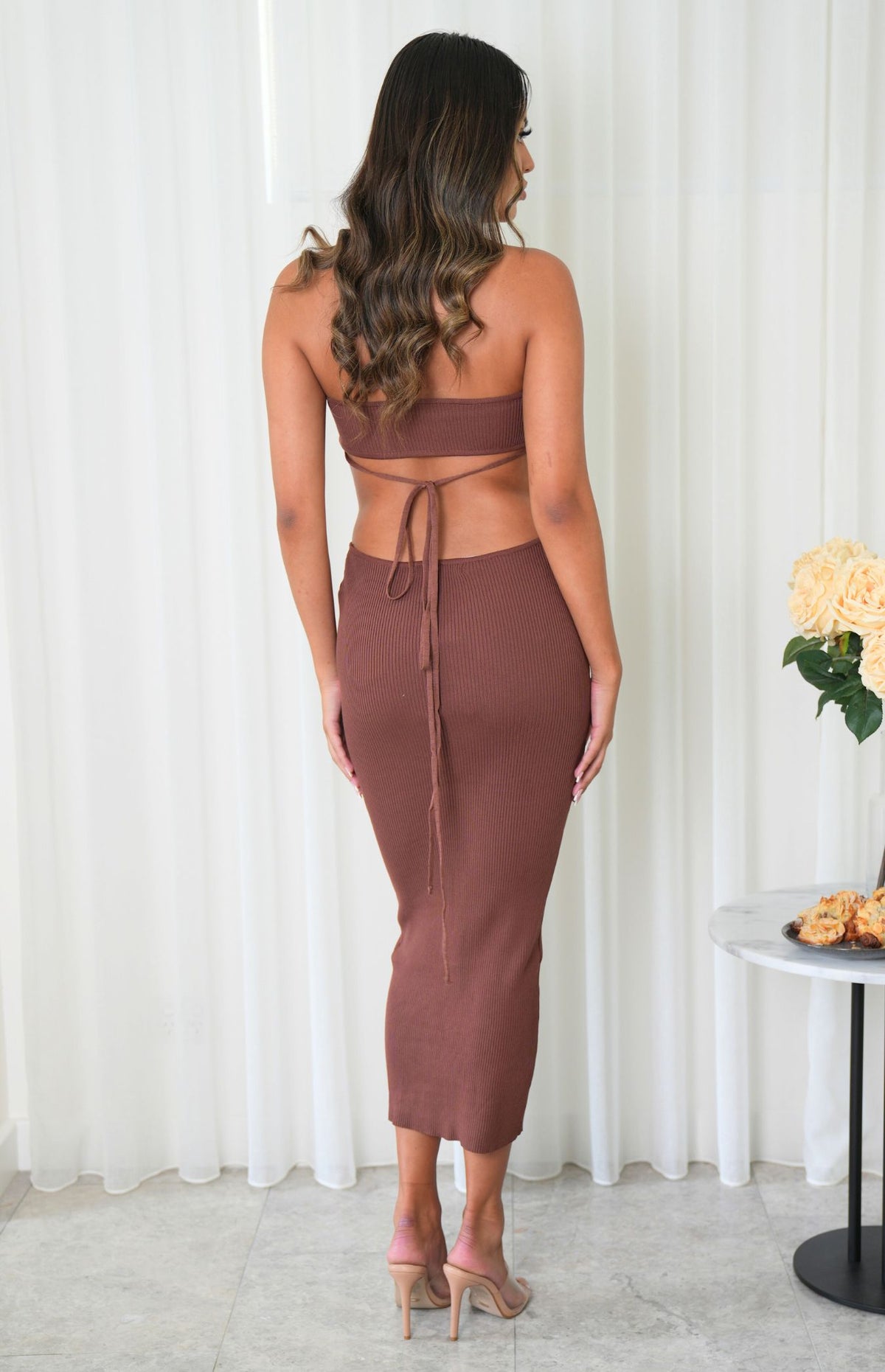 Joha Thin Straps, Low Neckline, Fitted Midi Dress - Chocolate